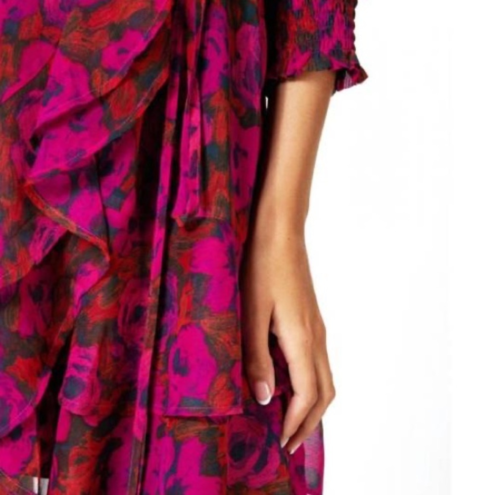 Esqualo Fuchsia Dress Chiffon Floral Wrap Ruffled Layered Balloon Sleeves Size 8 - Picture 8 of 10